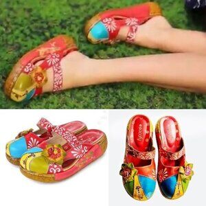 Socofy Colorful Patchwork Leather Slip on Clogs Mules Sz.8
